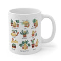 Perfect Blend: Mug for Cat Lovers and Plant Enthusiasts: white, green giraffes and potted plants, cartoon, playful style