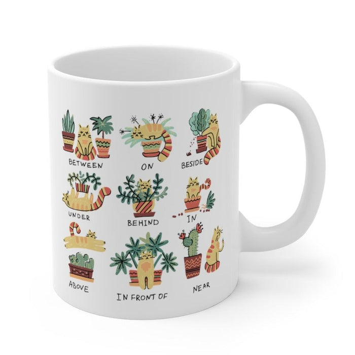 Perfect Blend: Mug for Cat Lovers and Plant Enthusiasts: white, green giraffes and potted plants, cartoon, playful style
