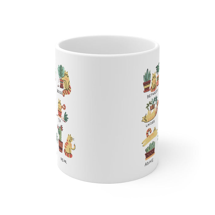 Perfect Blend: Mug for Cat Lovers and Plant Enthusiasts: white, green giraffes and potted plants, cartoon, playful style