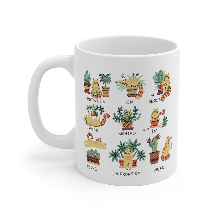 Perfect Blend: Mug for Cat Lovers and Plant Enthusiasts: white, green giraffes and potted plants, cartoon, playful style