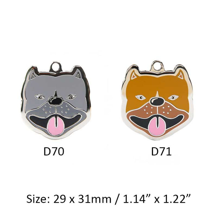 Personalized American Bully Dog ID Tags: gray, orange-brown dog faces, cartoon style