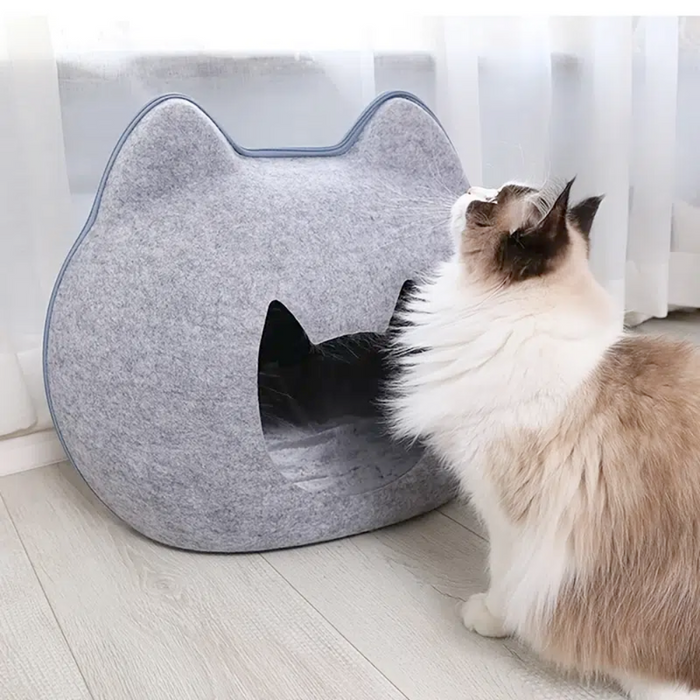 Pet Haven: Charming Feline-Shaped Shelter for Every Season: gray, dark gray trim cat-shaped design, minimal cartoon style
