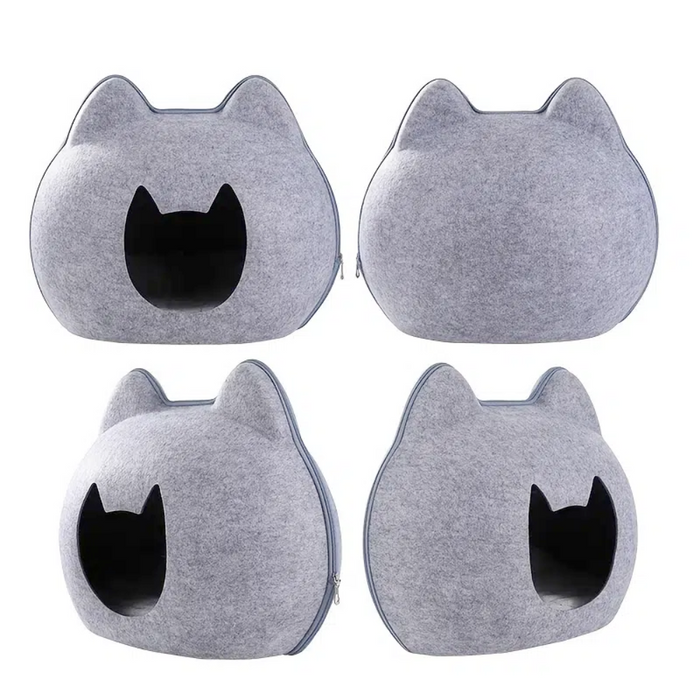 Pet Haven: Charming Feline-Shaped Shelter for Every Season: gray, dark gray trim cat-shaped design, minimal cartoon style