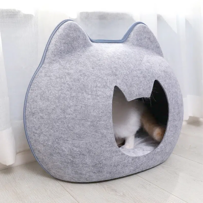 Pet Haven: Charming Feline-Shaped Shelter for Every Season: gray, dark gray trim cat-shaped design, minimal cartoon style