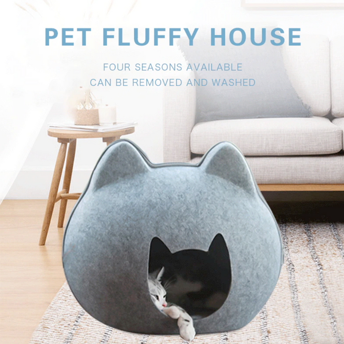 Pet Haven: Charming Feline-Shaped Shelter for Every Season: gray, dark gray trim cat-shaped design, minimal cartoon style