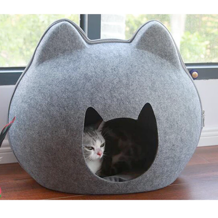Pet Haven: Charming Feline-Shaped Shelter for Every Season: gray, dark gray trim cat-shaped design, minimal cartoon style