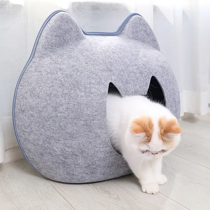 Pet Haven: Charming Feline-Shaped Shelter for Every Season: gray, dark gray trim cat-shaped design, minimal cartoon style