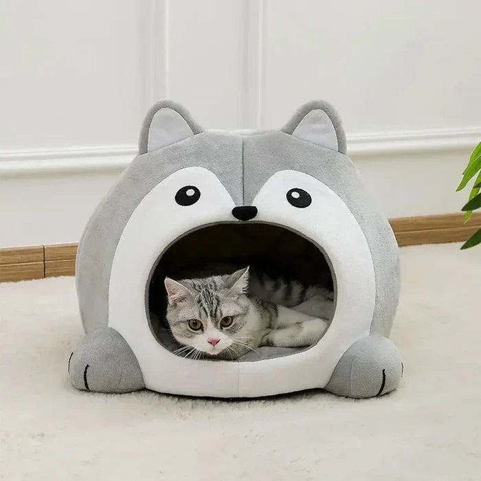 Pet House with a Cartoon Fox Design: gray, white cartoon husky/dog face, kawaii cartoon style