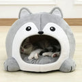 Pet House with a Cartoon Fox Design: gray, white cartoon husky/dog face, kawaii cartoon style