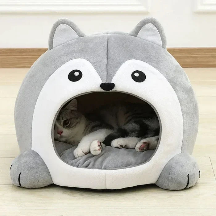 Pet House with a Cartoon Fox Design: gray, white cartoon husky/dog face, kawaii cartoon style