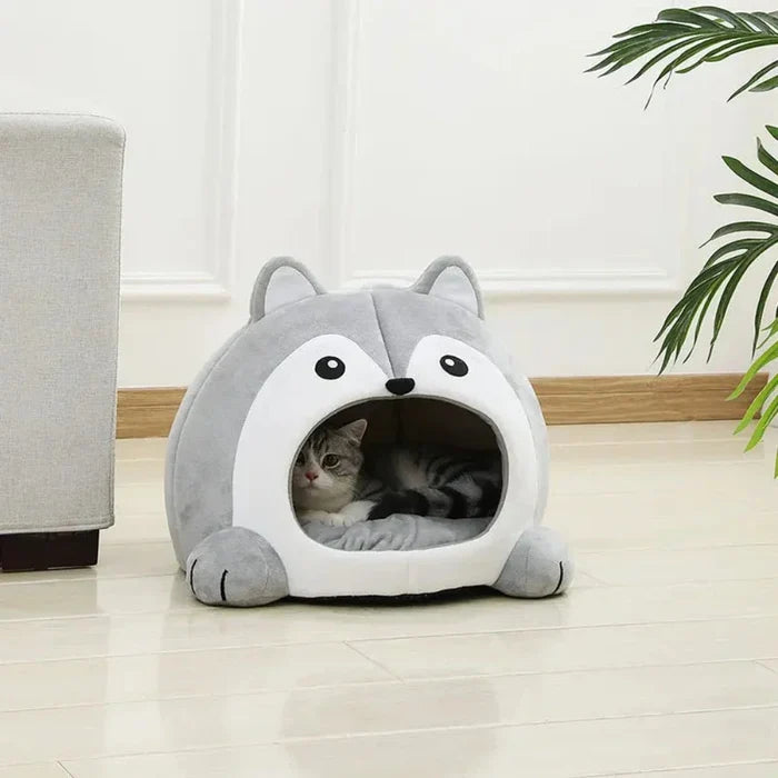 Pet House with a Cartoon Fox Design: gray, white cartoon husky/dog face, kawaii cartoon style