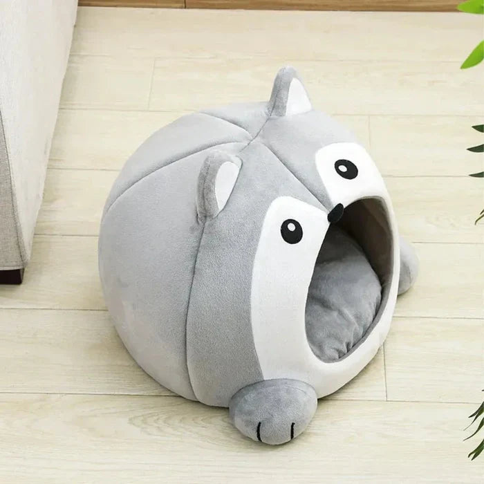 Pet House with a Cartoon Fox Design: gray, white cartoon husky/dog face, kawaii cartoon style