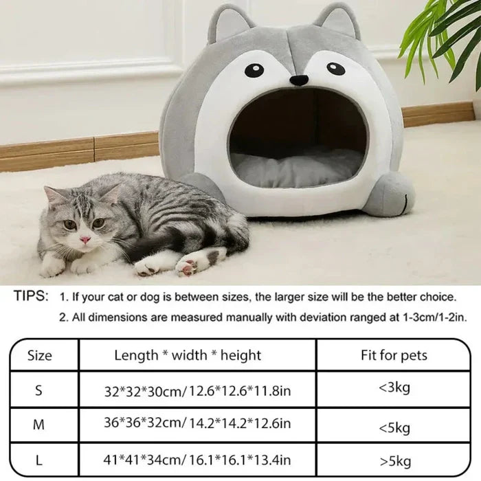 Pet House with a Cartoon Fox Design: gray, white cartoon husky/dog face, kawaii cartoon style