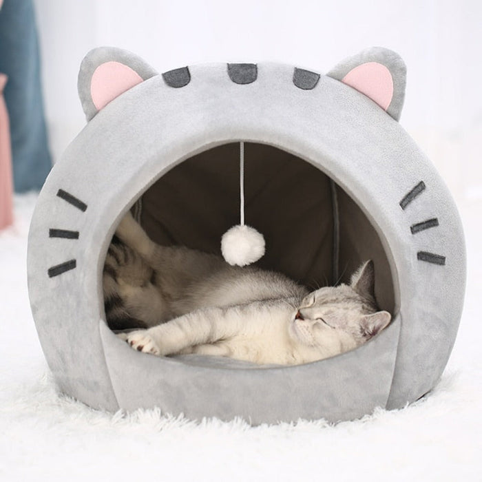 Pet House with Charming Feline Mouth Design: light gray, dark gray cat-themed, cute cartoon kawaii style