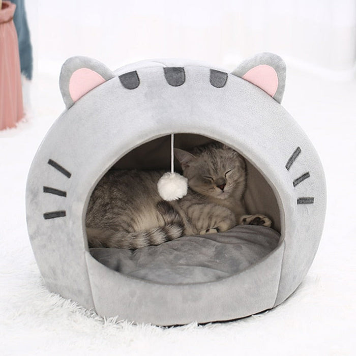 Pet House with Charming Feline Mouth Design: light gray, dark gray cat-themed, cute cartoon kawaii style