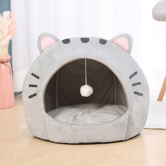 Pet House with Charming Feline Mouth Design: light gray, dark gray cat-themed, cute cartoon kawaii style