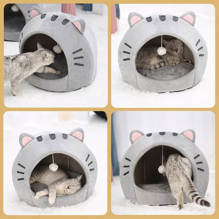 Pet House with Charming Feline Mouth Design: light gray, dark gray cat-themed, cute cartoon kawaii style