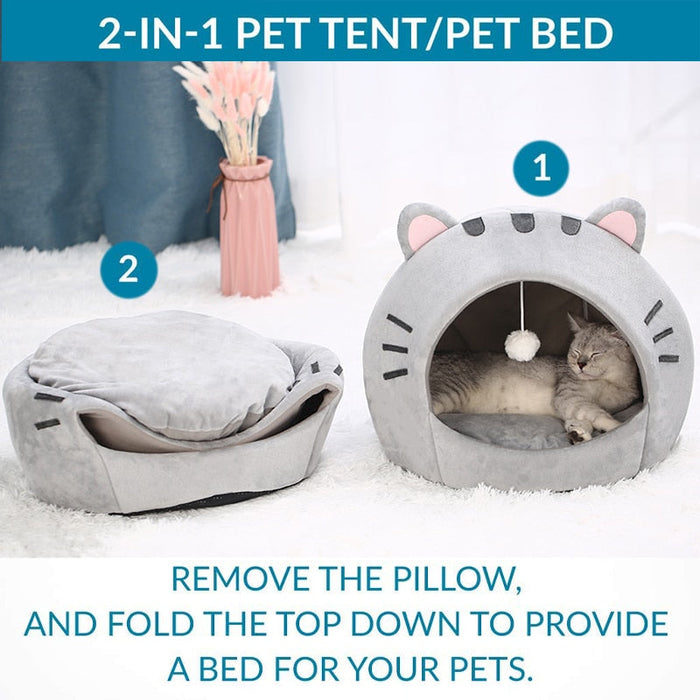 Pet House with Charming Feline Mouth Design: light gray, dark gray cat-themed, cute cartoon kawaii style