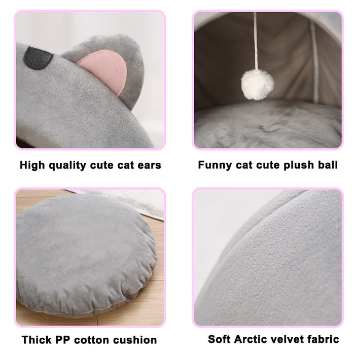 Pet House with Charming Feline Mouth Design: light gray, dark gray cat-themed, cute cartoon kawaii style