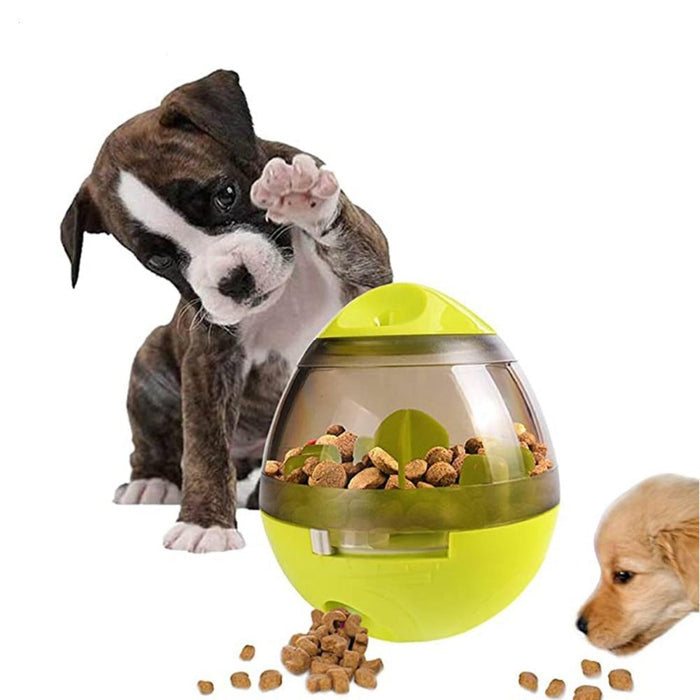 Pets' Food Tumbler Dispenser for Cats and Dogs: lime green, transparent clear dog, product photo style