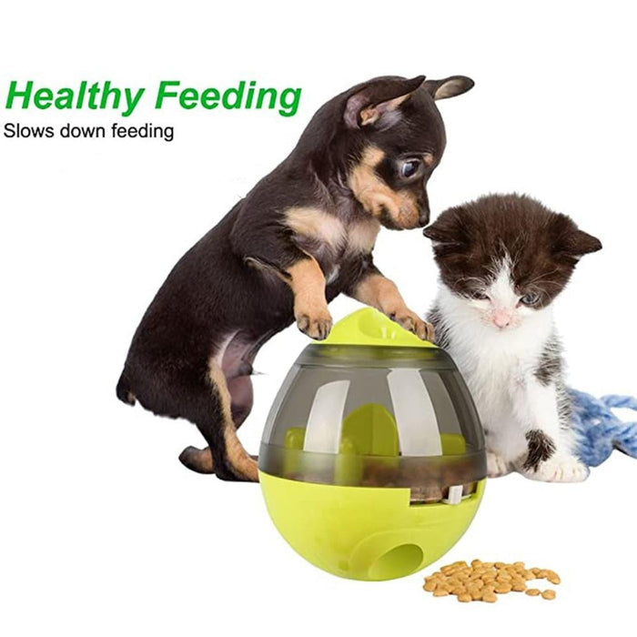 Pets' Food Tumbler Dispenser for Cats and Dogs: lime green, transparent clear dog, product photo style