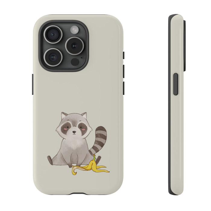 Phone Case Tough iPhone Case, Raccoon Thief Edition: light beige, black raccoon with banana peel, cartoon, kawaii style