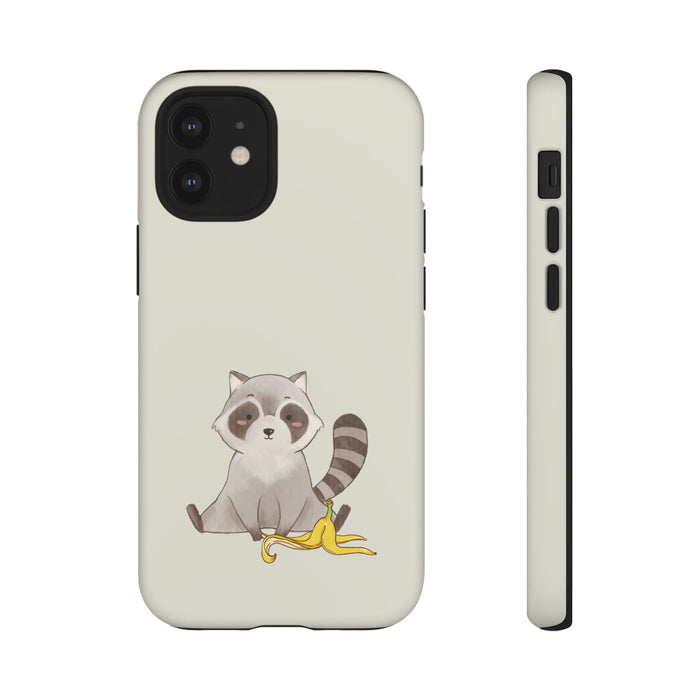 Phone Case Tough iPhone Case, Raccoon Thief Edition: light beige, black raccoon with banana peel, cartoon, kawaii style