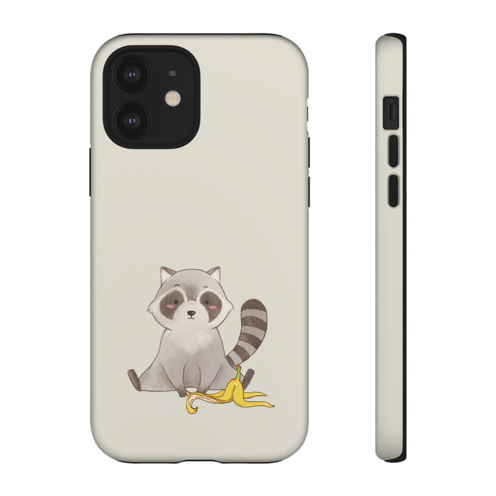 Phone Case Tough iPhone Case, Raccoon Thief Edition: light beige, black raccoon with banana peel, cartoon, kawaii style