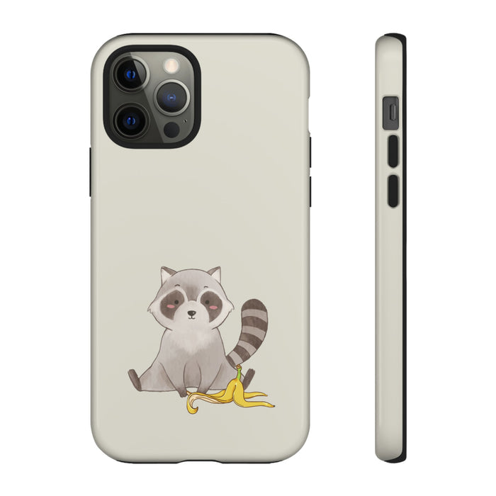 Phone Case Tough iPhone Case, Raccoon Thief Edition: light beige, black raccoon with banana peel, cartoon, kawaii style