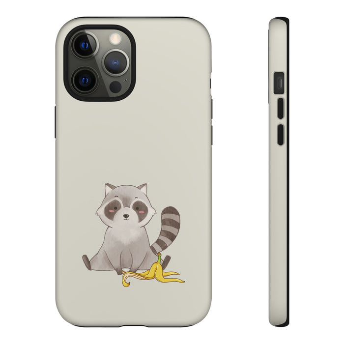 Phone Case Tough iPhone Case, Raccoon Thief Edition: light beige, black raccoon with banana peel, cartoon, kawaii style