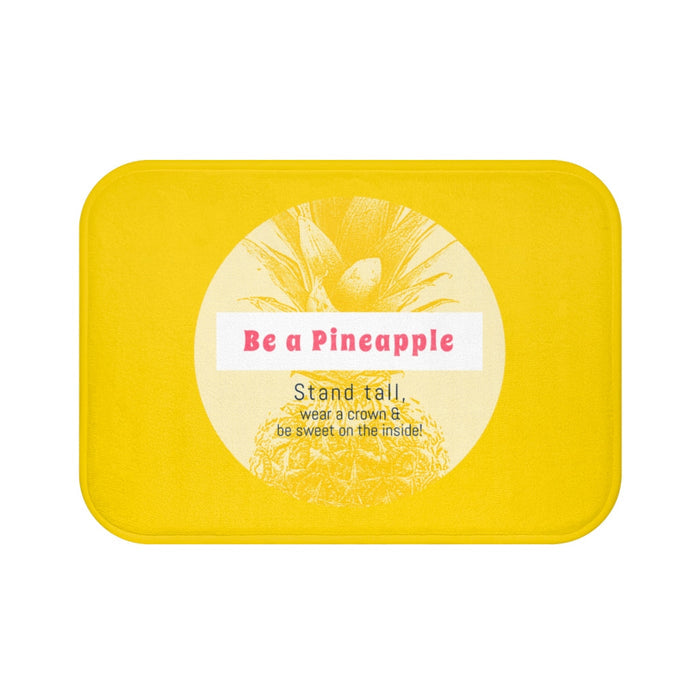 Pineapple Vibes Inspirational Bath Mat: bright yellow, cream pineapple, cheerful graphic style