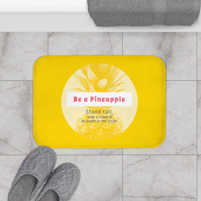 Pineapple Vibes Inspirational Bath Mat: bright yellow, cream pineapple, cheerful graphic style