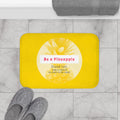 Pineapple Vibes Inspirational Bath Mat: bright yellow, cream pineapple, cheerful graphic style