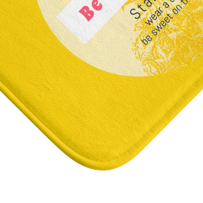 Pineapple Vibes Inspirational Bath Mat: bright yellow, cream pineapple, cheerful graphic style