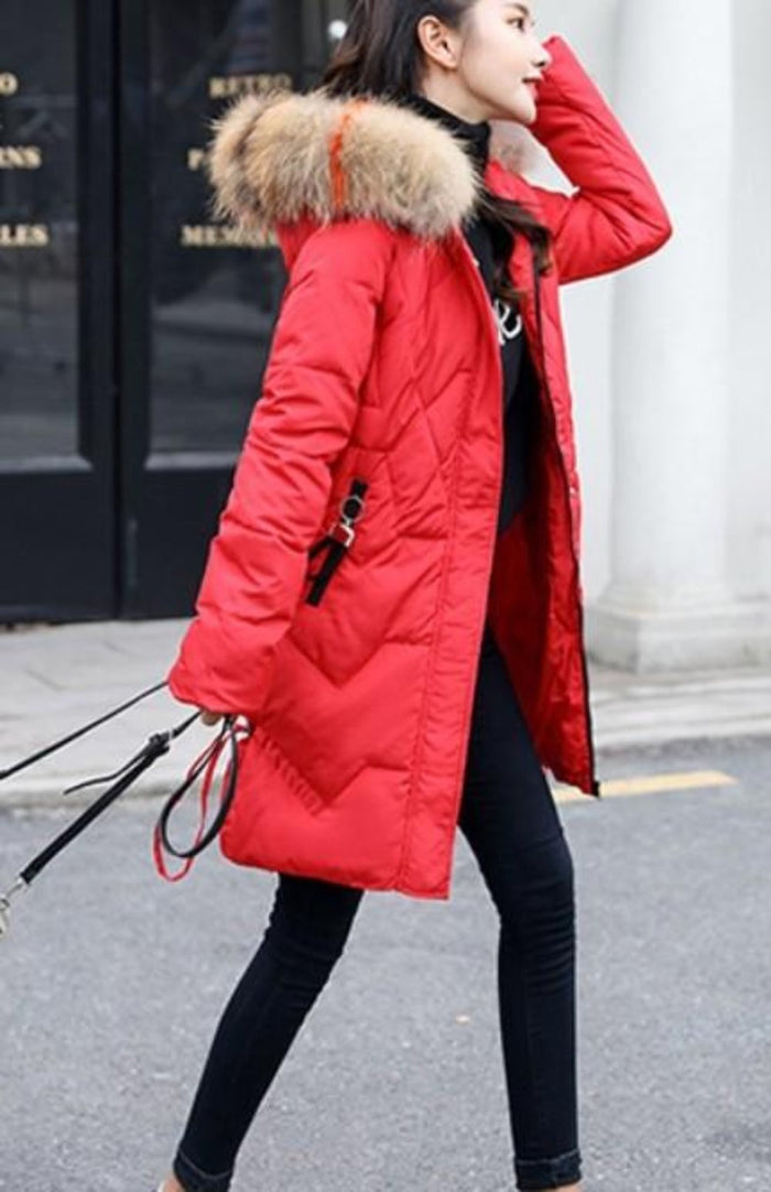 Pink Casual Puffer Jacket for Women with Faux Fur Trimmed Hood: dusty rose pink, brown hooded puffer coat, casual winter oute