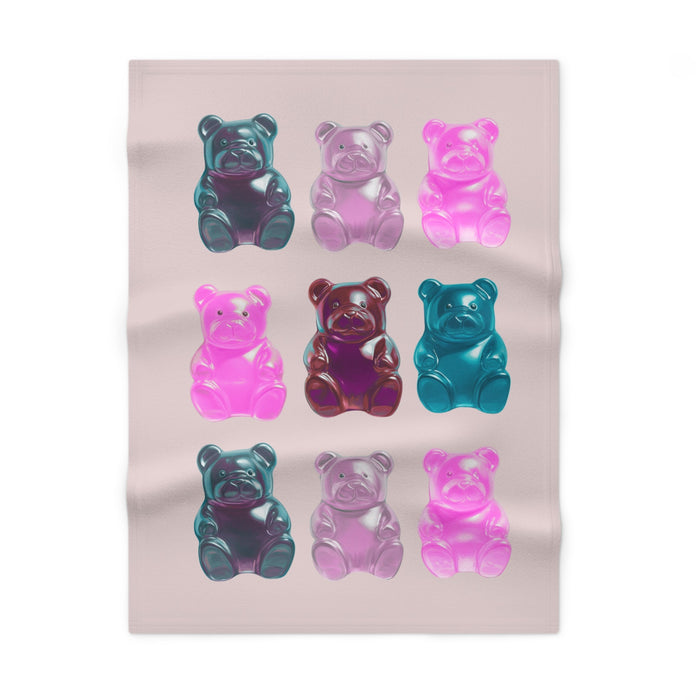 Pink Fleece Baby Blanket for Soft Gummy Bear Comfort: pale pink, teal bear characters, kawaii style