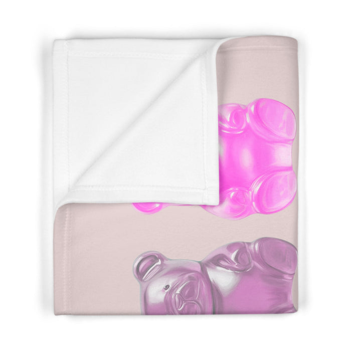 Pink Fleece Baby Blanket for Soft Gummy Bear Comfort: pale pink, teal bear characters, kawaii style