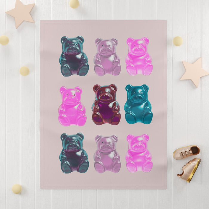 Pink Fleece Baby Blanket for Soft Gummy Bear Comfort: pale pink, teal bear characters, kawaii style