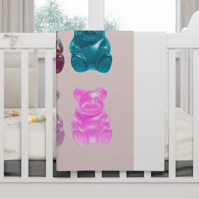 Pink Fleece Baby Blanket for Soft Gummy Bear Comfort: pale pink, teal bear characters, kawaii style