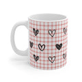 Pink Heart and Plaid Mug: white, light pink hearts, cute cartoon style