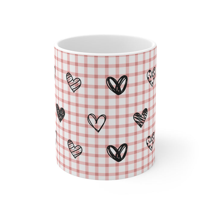 Pink Heart and Plaid Mug: white, light pink hearts, cute cartoon style