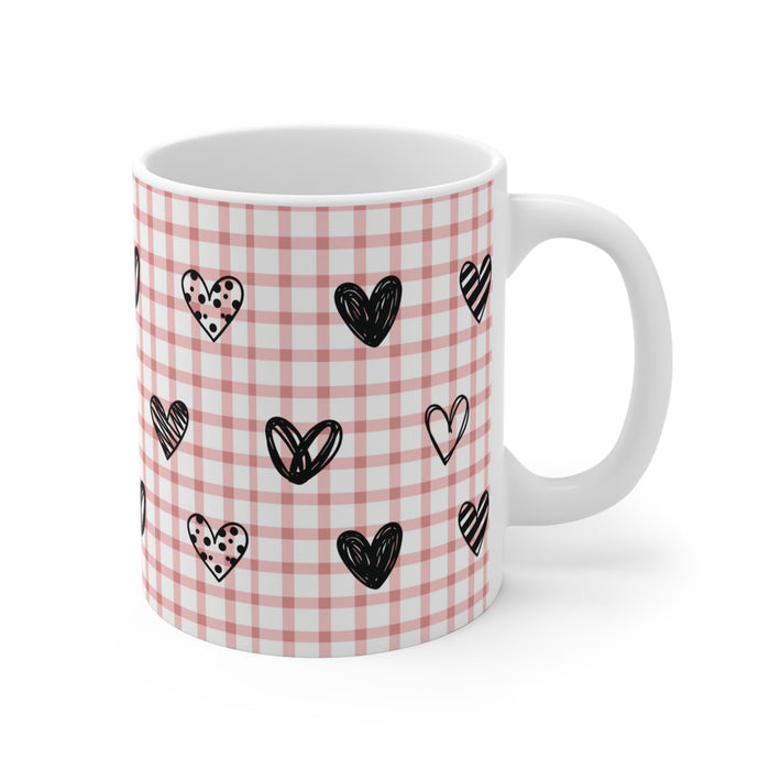 Pink Heart and Plaid Mug: white, light pink hearts, cute cartoon style