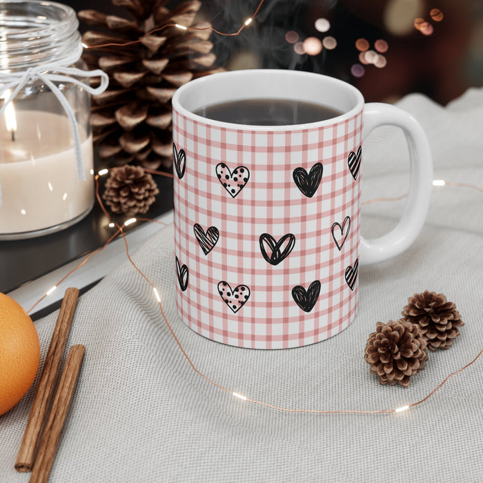 Pink Heart and Plaid Mug: white, light pink hearts, cute cartoon style
