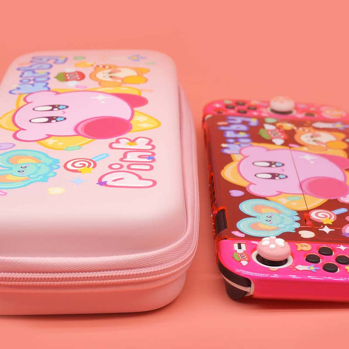 Pink Kirby Switch OLED Carrying Case: light pink, pink Kirby character, cartoon kawaii style