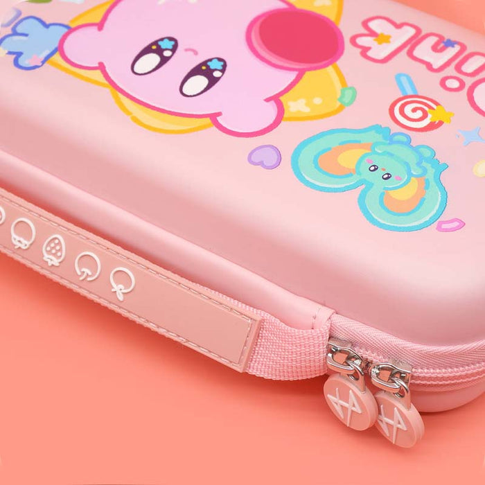 Pink Kirby Switch OLED Carrying Case: light pink, pink Kirby character, cartoon kawaii style