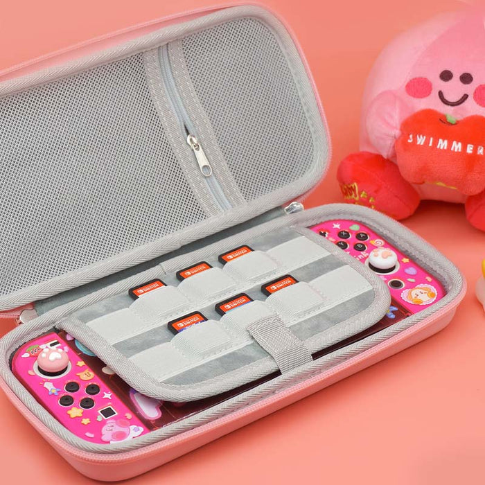 Pink Kirby Switch OLED Carrying Case: light pink, pink Kirby character, cartoon kawaii style