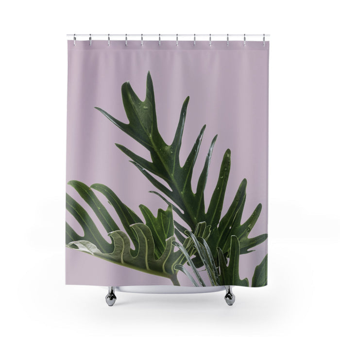 Pink Philodendron Patterned Shower Curtain: light lavender, dark green tropical leaf foliage, botanical minimal style