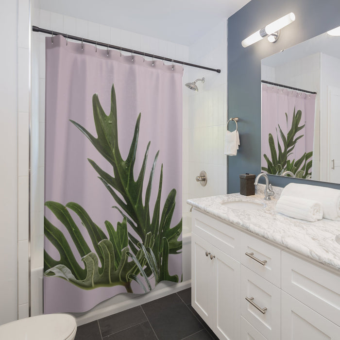 Pink Philodendron Patterned Shower Curtain: light lavender, dark green tropical leaf foliage, botanical minimal style