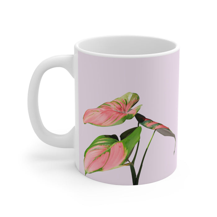 Pink Princess Philodendron Cup: white, pale pink pink and green leafy plant illustration, botanical illustration style