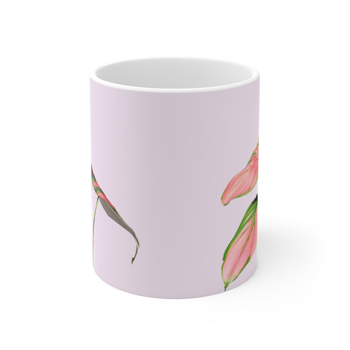 Pink Princess Philodendron Cup: white, pale pink pink and green leafy plant illustration, botanical illustration style